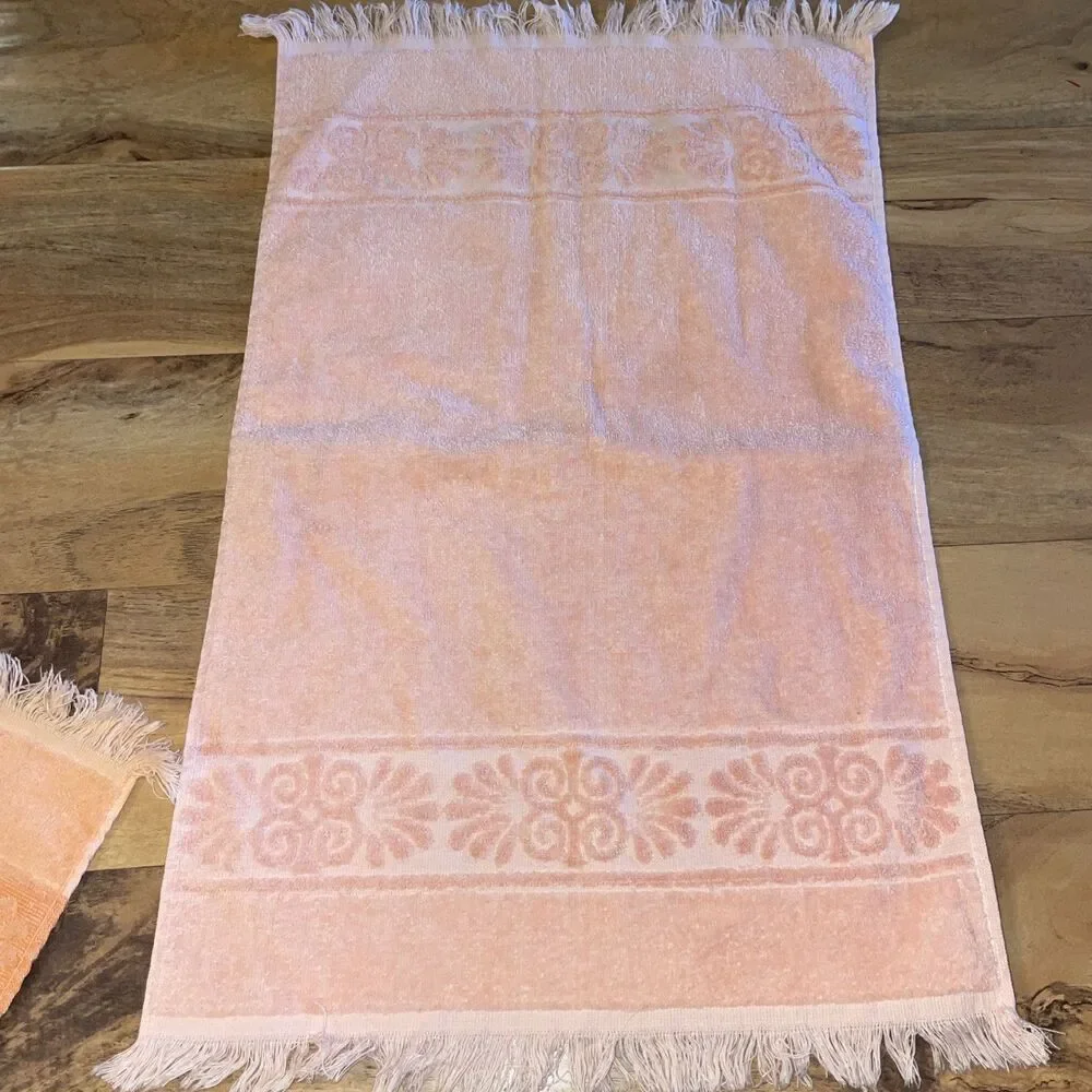 Vtg Cannon Monticello Santa Cruz Hand Towel Set Peach Pink Sculpted Fringe